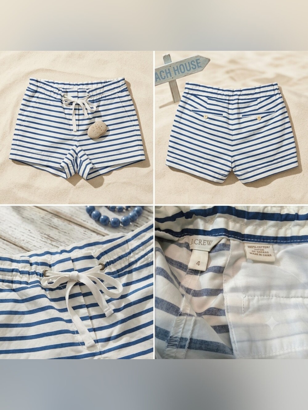J. Crew White & Navy Striped Cotton Drawstring Shorts Size 4